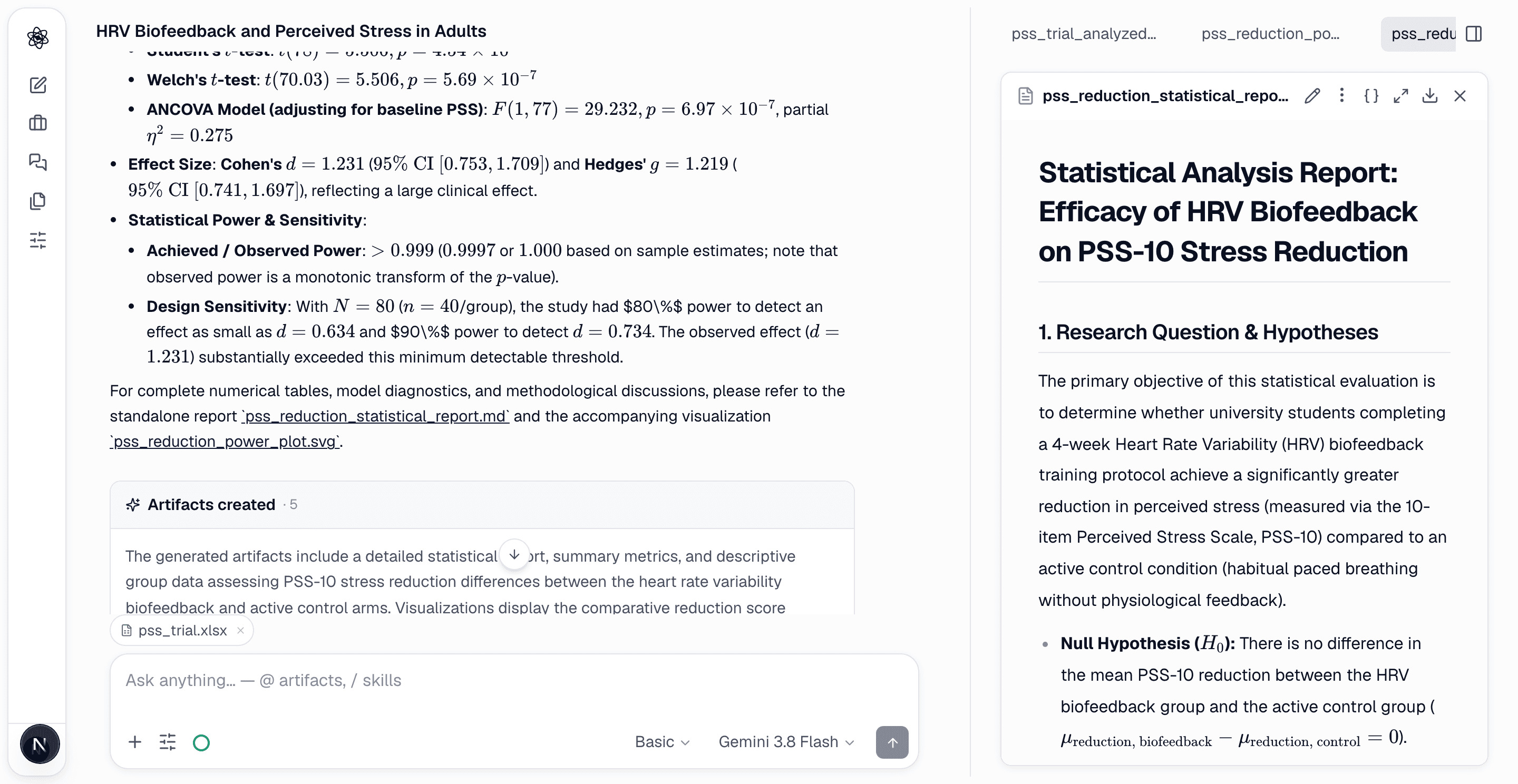 Statistical report with effect sizes and confidence intervals, and a review-agent check